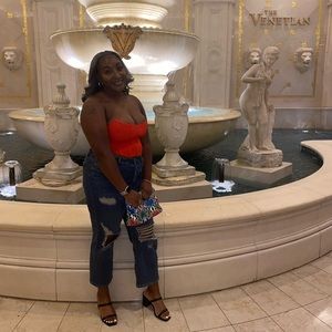 High rise dark denim distressed cropped pant